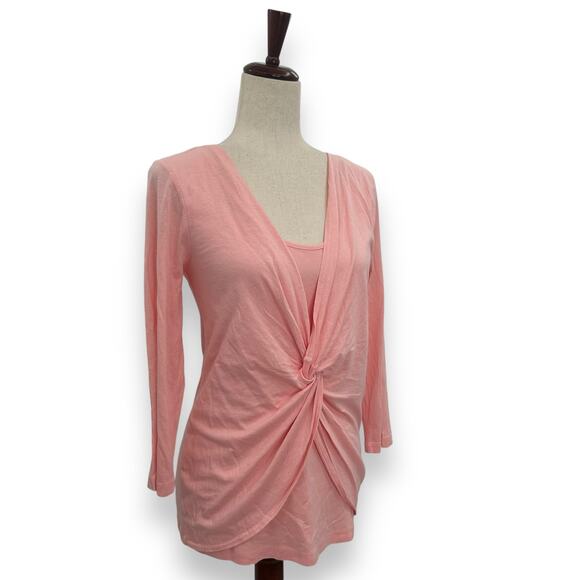 Three Dots Light Pink Knot Front Top Size Large Cotton Modal Draped Twist Wrap - Picture 4 of 10